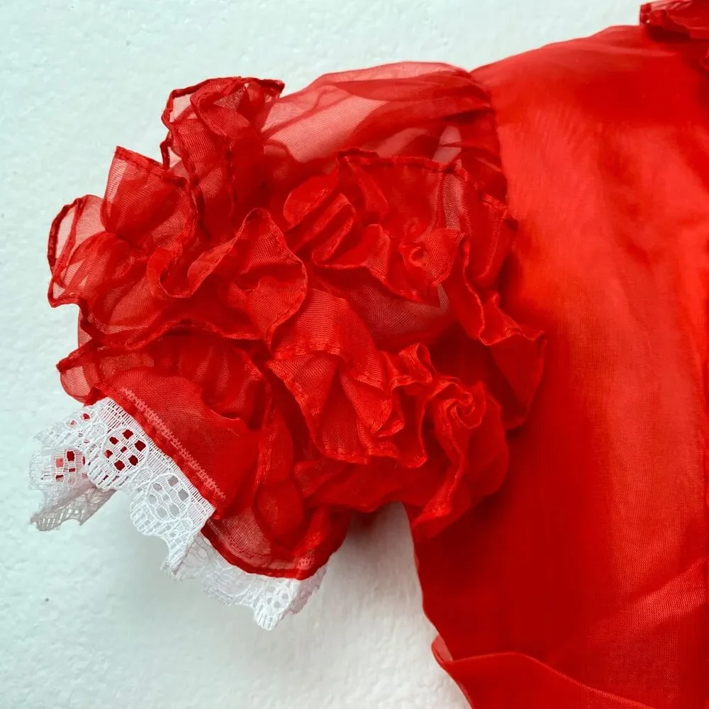 Vintage Girls Red Nylon Chiffon Dress Lace Puff Sleeve Holiday Christmas Size 6